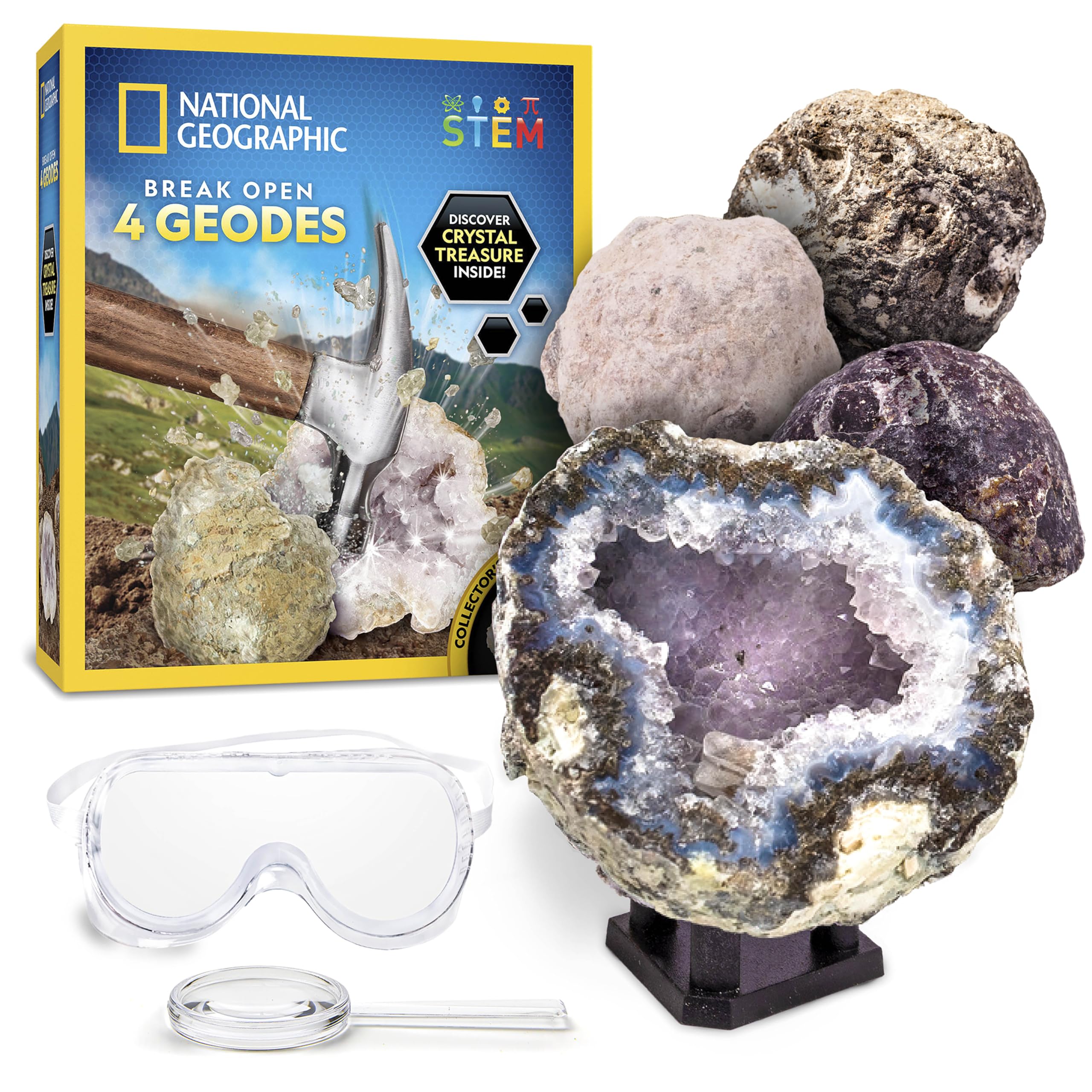 NATIONAL GEOGRAPHIC Break Open 4 Geodes Science Kit – Includes Goggles, Learning Guide, Display Stand, Great Mineralogy & Geology STEM Gift