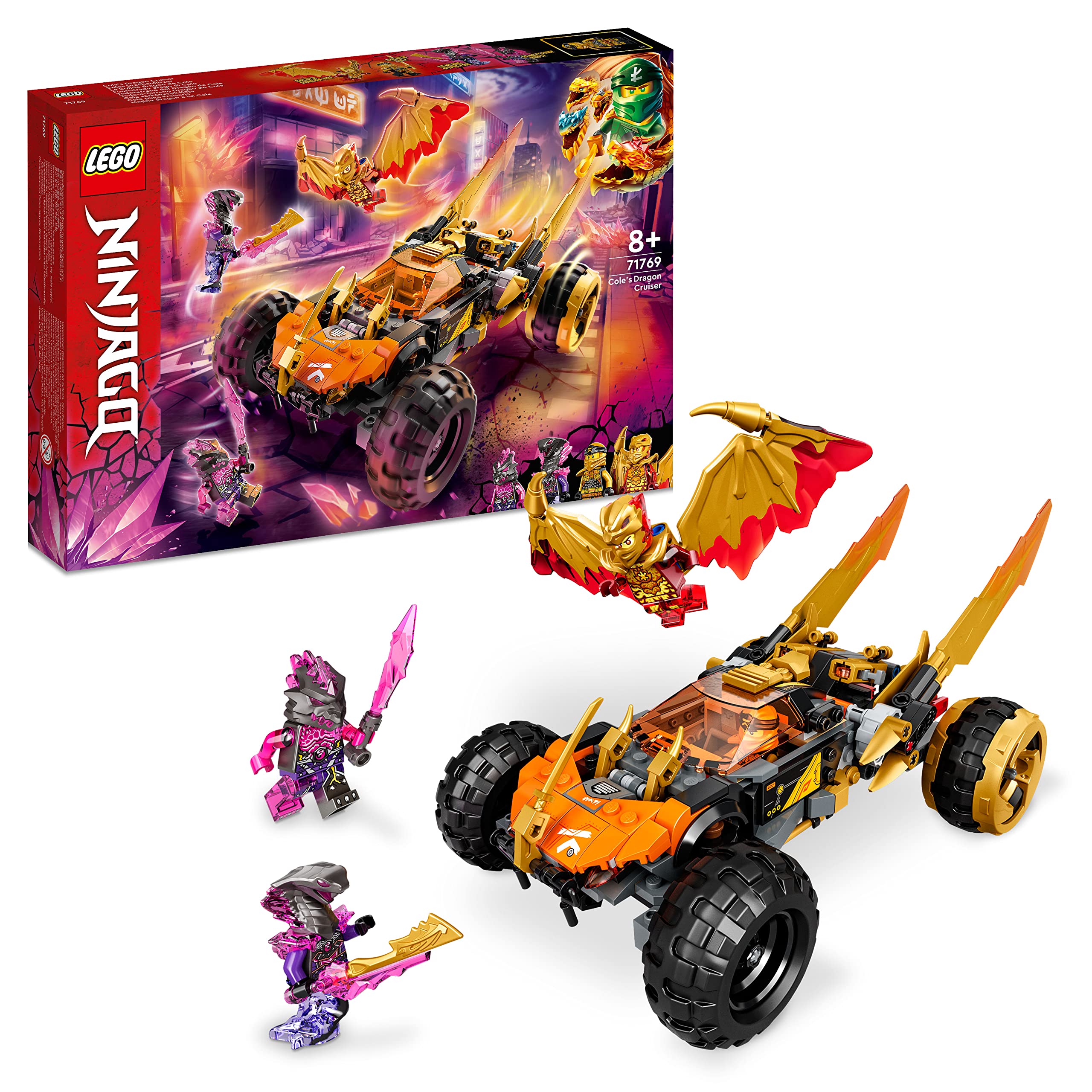 LEGO NINJAGO Cole’s Dragon Cruiser 71769 Building Kit; Playset Featuring a Ninja Car Toy and NINJAGO Golden Cole and Golden Dragon Kai; Collectible Gift for Kids Aged 8+ (384 Pieces)