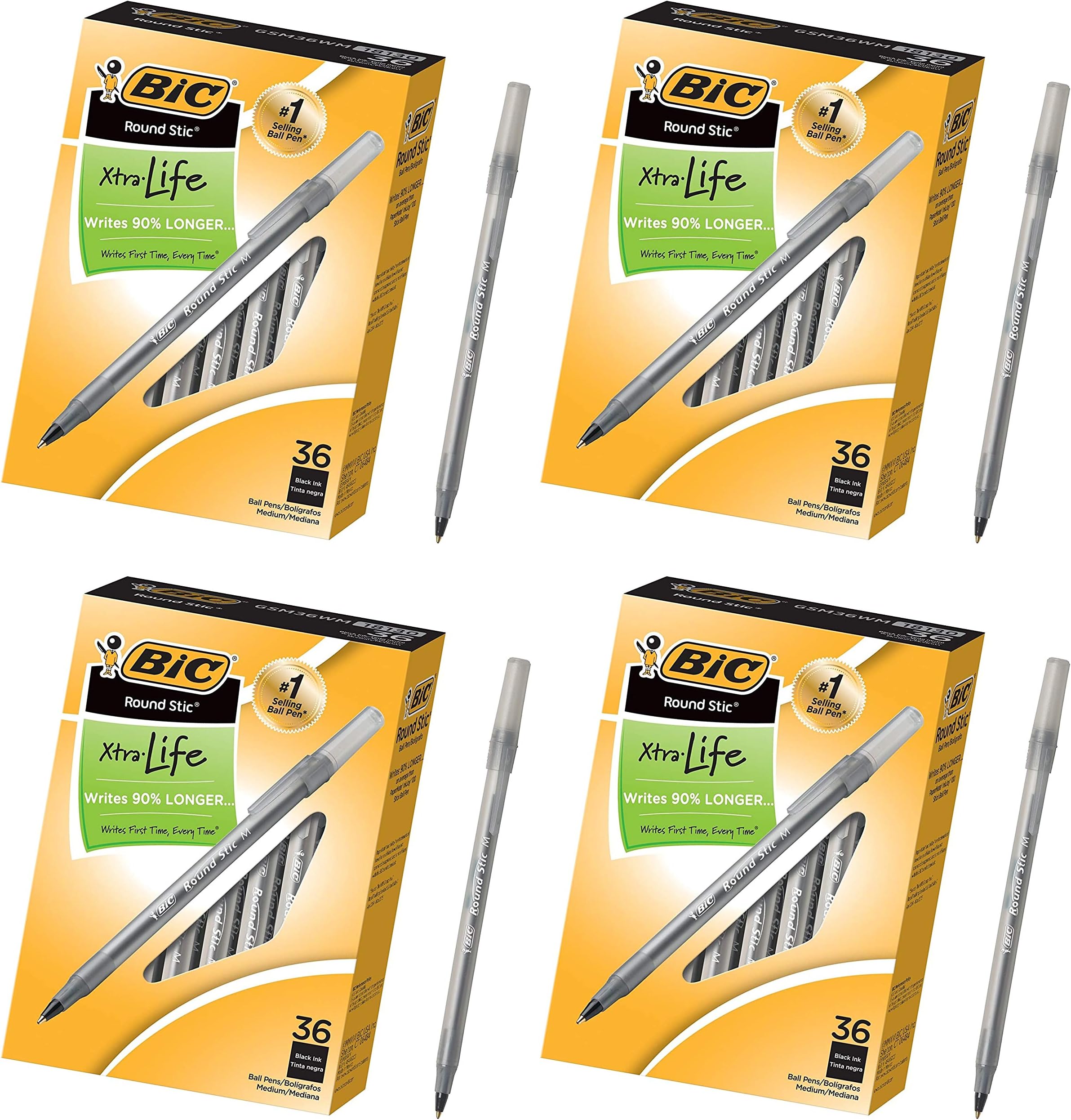 BIC Round Stic Xtra Life Ballpoint Pen, Medium Point (1.0mm), Black, 36-Ct - 4 Pack