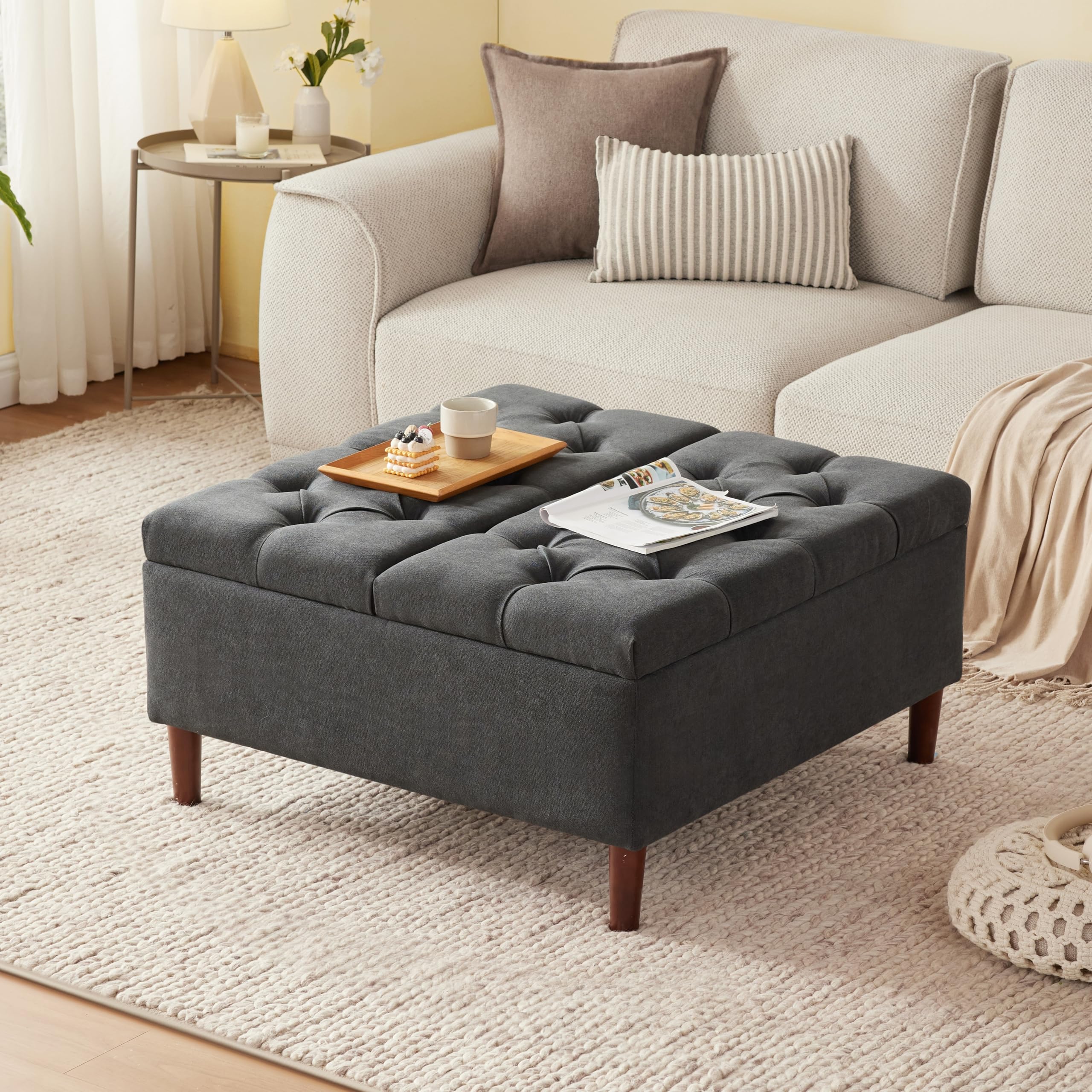 Weture 35 Inch Extra Large Storage Ottoman Coffee Table No Assembly Required, Oversized Square Ottoman with Storage, Tufted Upholstered Ottoman Coffee Tables for Living Room (Fabric, Dark Grey) - Image 7