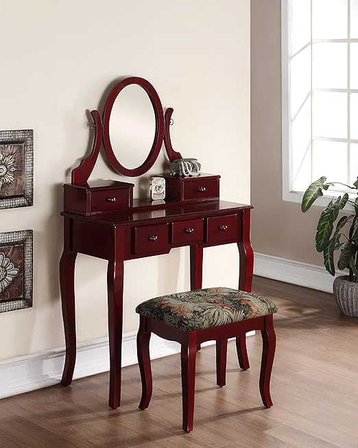 Amazon Com Roundhill Furniture Ashley Wood Make Up Vanity Table And Stool Set Cherry Furniture Decor