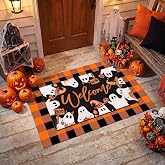 Klyyo Clyro 2 Pcs Halloween Door Mat Outdoor Welcome Ghost Boo Rug | Spooky Layered Black and White Checkered Rug Non Slip Rubber Backing Mat for Halloween Decoration Front Porch Entryway Home