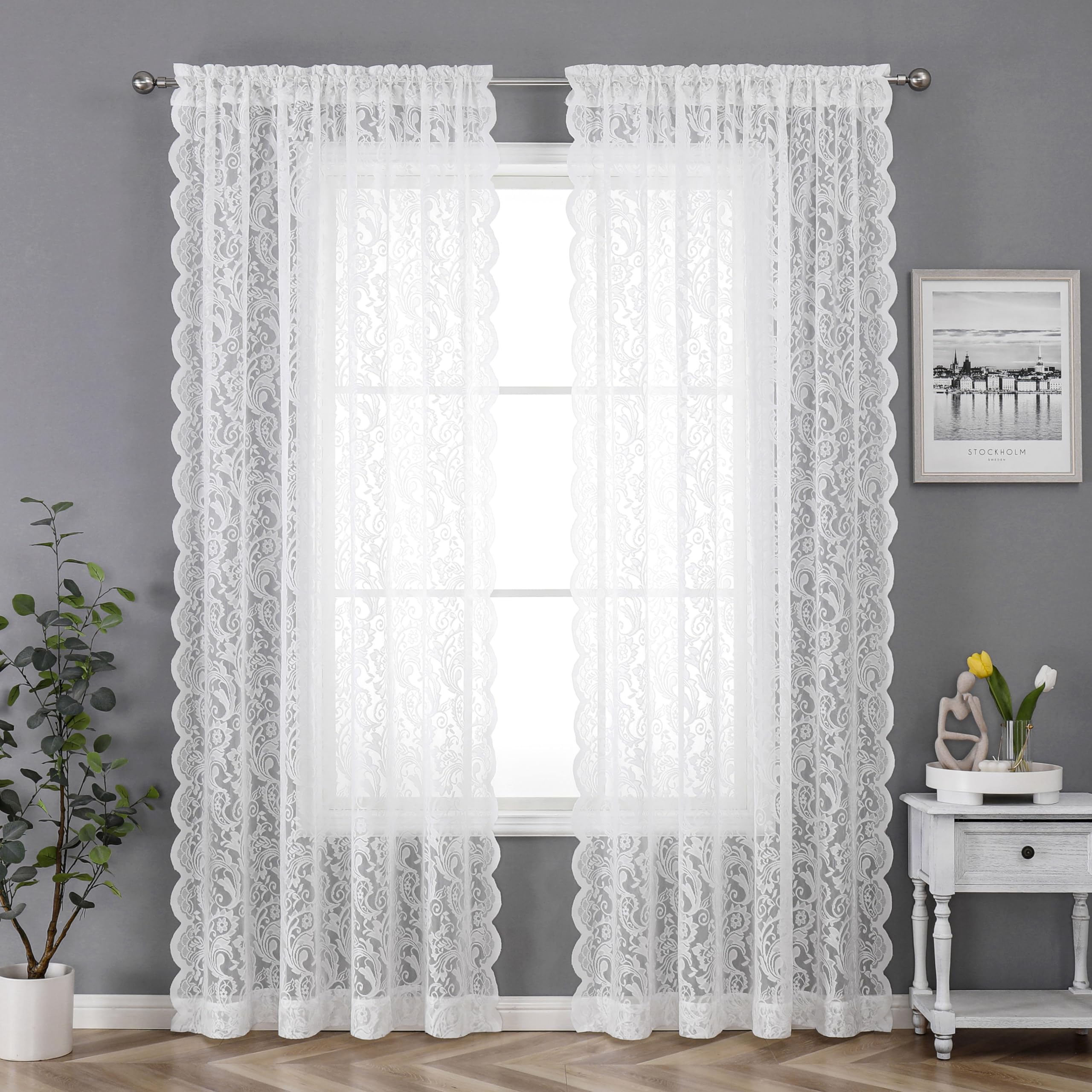 Bujasso White Sheer Lace Curtains 72 inch Vintage Floral Sheer Window Curtain Panels for Living Room Bedroom Elegant Light Filtering White Drapes Window Treatment Sets Rod Pocket 2 Panels 54" Wx72 L