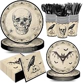 168pcs Halloween Plates Napkins Vintage Gothic Party Supplies Tableware Set | Disposable Paper Cups Black Forks Spooky Vintage Halloween Party Decorations Serves 24