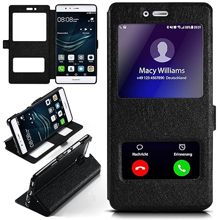 moex Huawei P9 | Hülle mit Sicht-Fenster Schwarz Comfort Cover Stand-Funktion Schutzhülle Ultra-Slim Handyhülle für Huawei P9