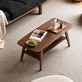 100% Solid Wood Coffee Table for Living Room, 39.37" Mid Century Modern Tables with Shelf Storage, 2-Tier Coffee Table with Rounded Corners (Oak Wood Walnut Color, 39.37" L)