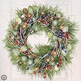 Timer - 20 Inch Lighted Christmas Wreaths for Front Door, Winter Wreath with 30 LED Lights Snowy Pine Needles Eucalyptus Cypress Leaves Pinecones Red Blue Berries Xmas Wreath for Window Wall Mantle