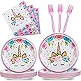 96 Pcs Birthday Party Plates Napkins Forks Supplies Tableware Set Disposable Table Horned Horse Theme Decoration for Girl Birthday Party or Baby Shower, Serves 24 Guests