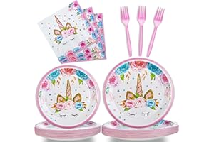 FESCIORY 96 Pcs Birthday Party Plates Napkins Forks Supplies Tableware Set Disposable Table Horned Horse Theme Decoration for Girl Birthday Party or Baby Shower, Serves 24 Guests