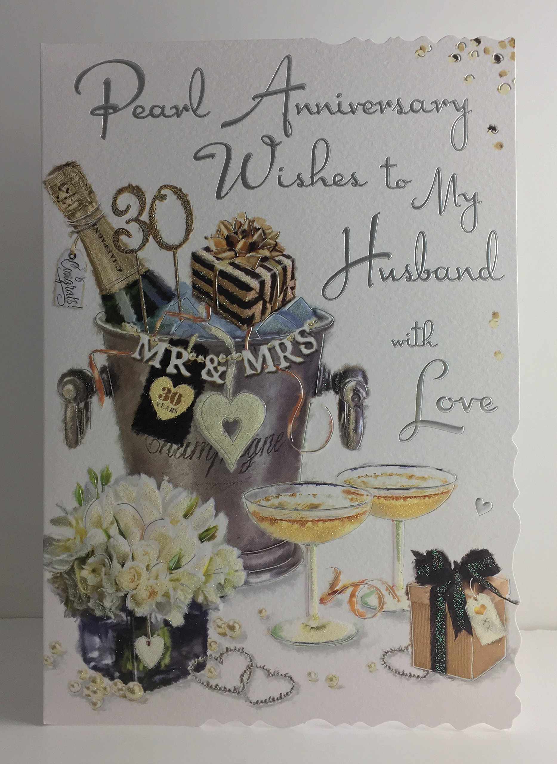 Jonny Javelin 30th Anniversary Card (V469) - Husband - Pearl - Champagne and Presents