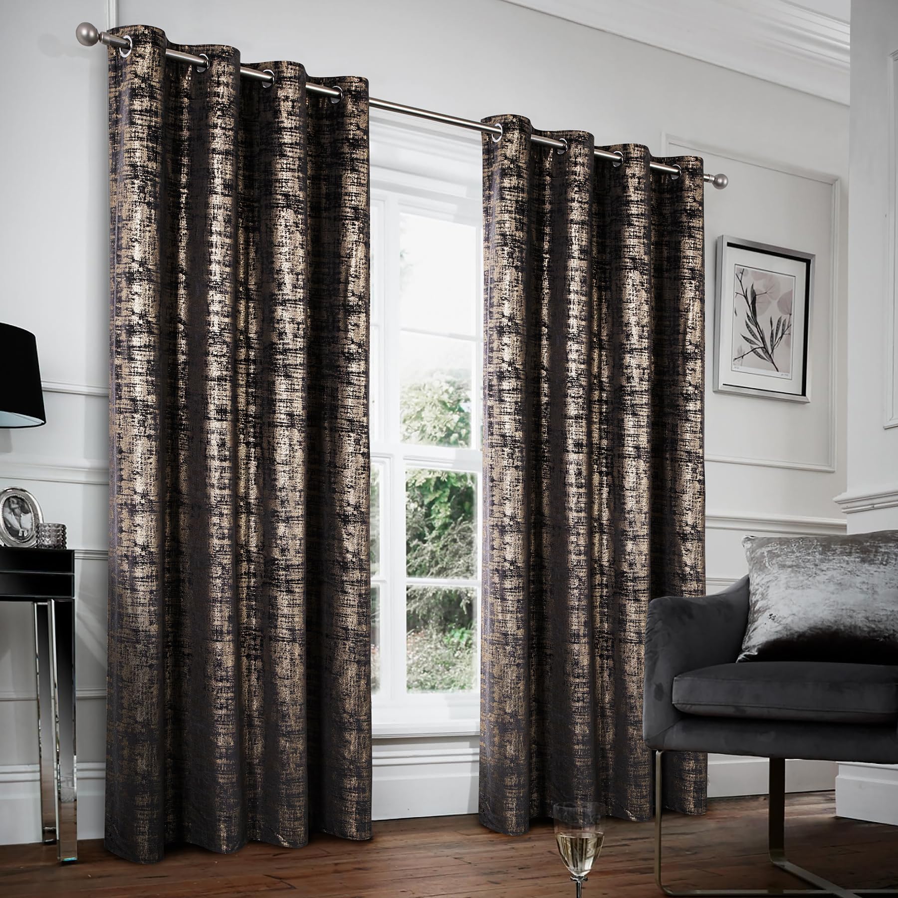always4u Soft Velvet Curtains 100% Blackout Window Treatments Energy Efficiency for Bedroom Gold Foil Printed Shining Luxury Curtain Drapes 1 Pair Black 66 * 90