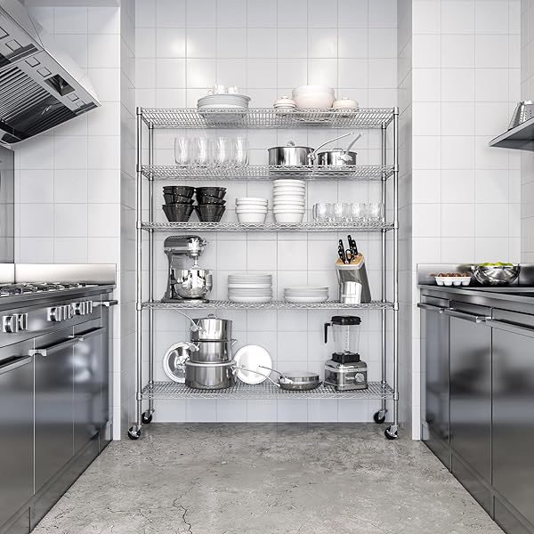 SEVILLE CLASSICS ULTRADURABLE HEAVY DUTY NSF SOLID STEEL WIRE RACK STORAGE UNIT ORGANIZER FOR GARAGE, WAREHOUSE, OFFICE, RESTAURANT, CLASSROOM, KITCHEN, 5-TIER SHELVING, 60″ W X 18″ D