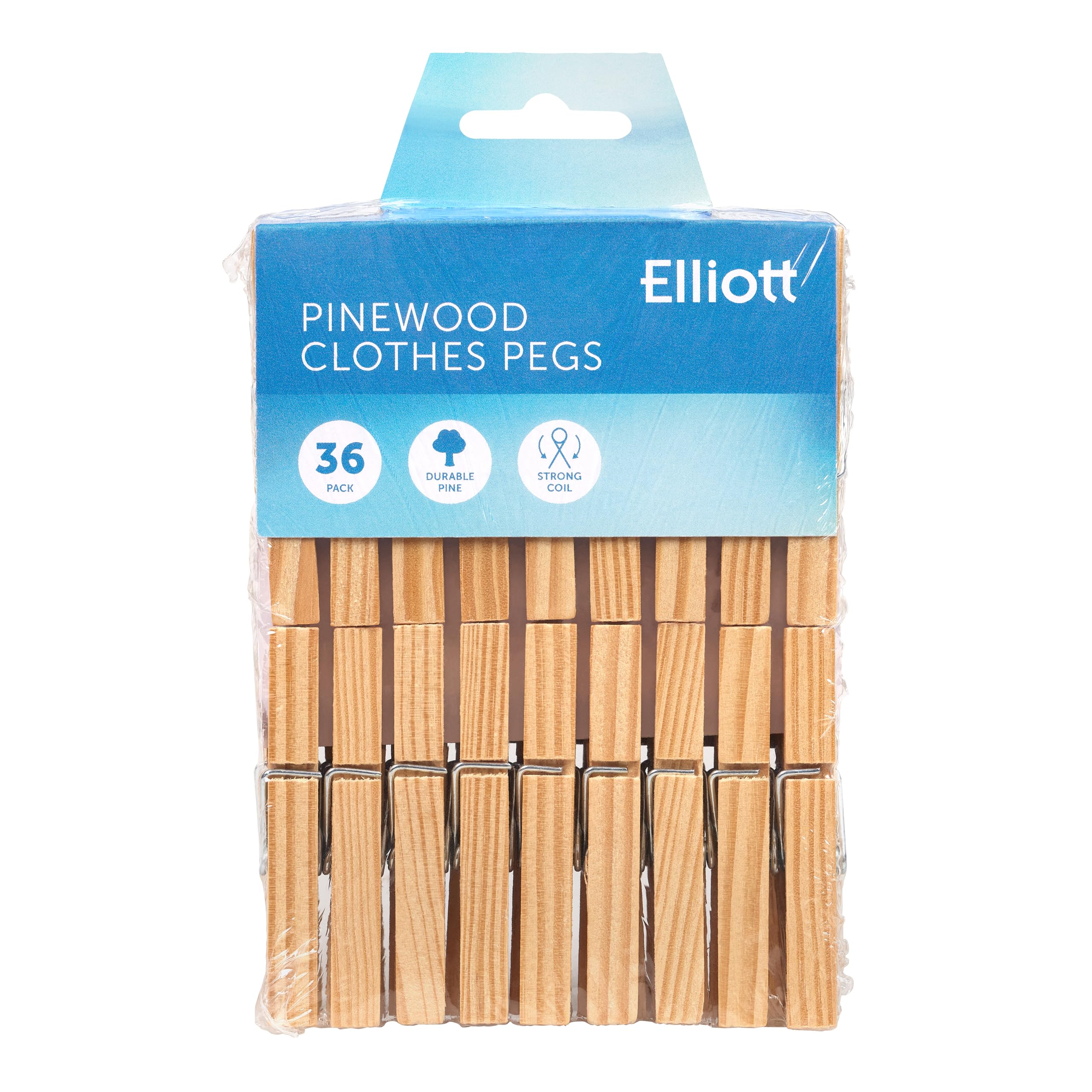 Elliott Traditional Pinewood Clothes Pegs with Contoured Design to Prevent Marking Clothes and Metal Coil Spring for Firm Grip, This Pack Include 36 Pegs Ideal For Outdoor and Indoor Use