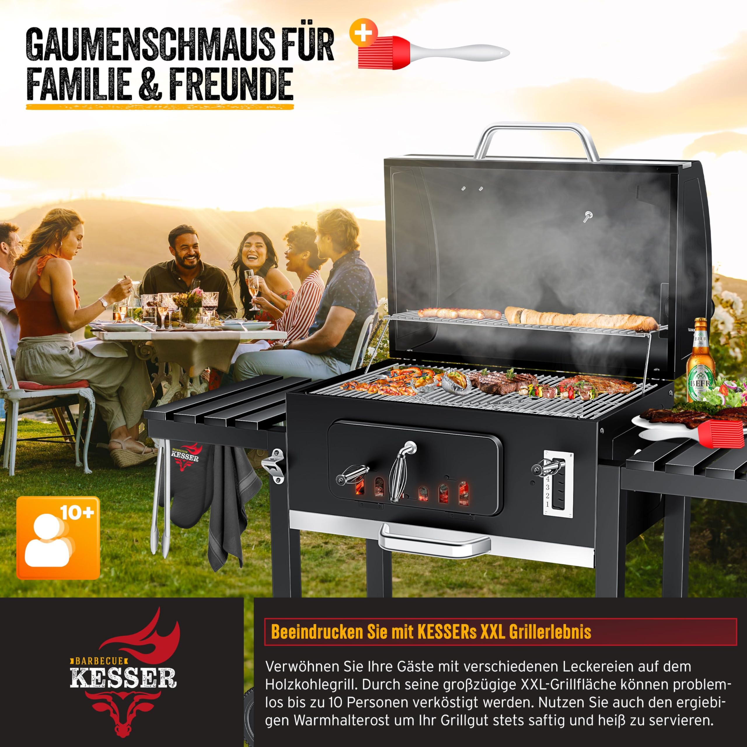 KESSER® Grillwagen BBQ Smoker XXL Holzkohlegrill mit Deckel, Rädern, Edelstahl-Griff, Thermometer, Grillrost, Bürste, Abdeckhaube & Silikon-Pinsel, Standgrill, Kohlegrillwagen 9