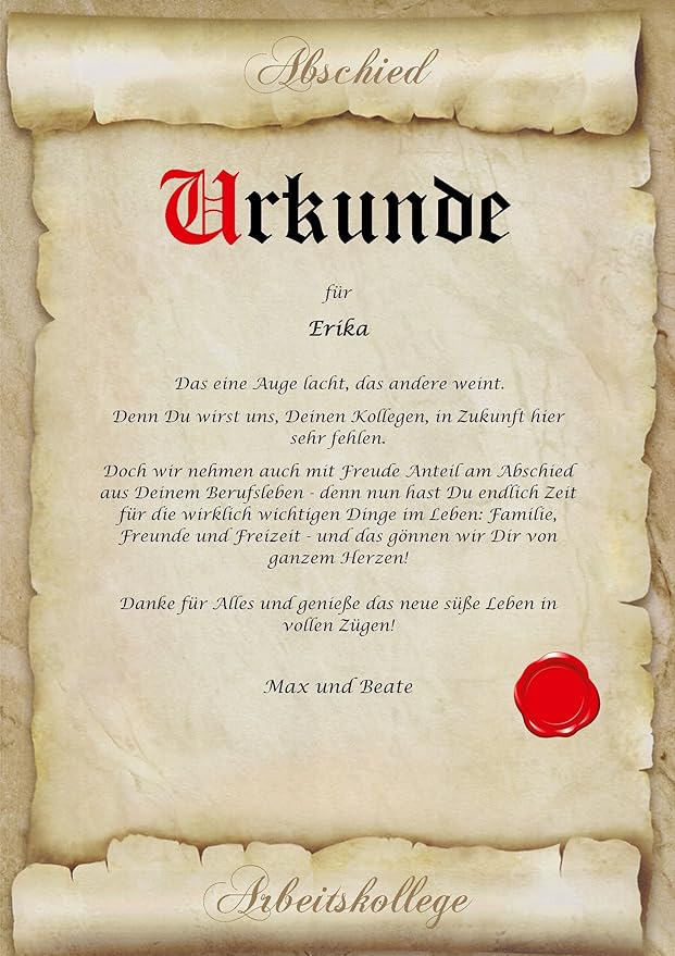 Urkunde personalisiert Geschenk Karte Abschied Arbeitskollege