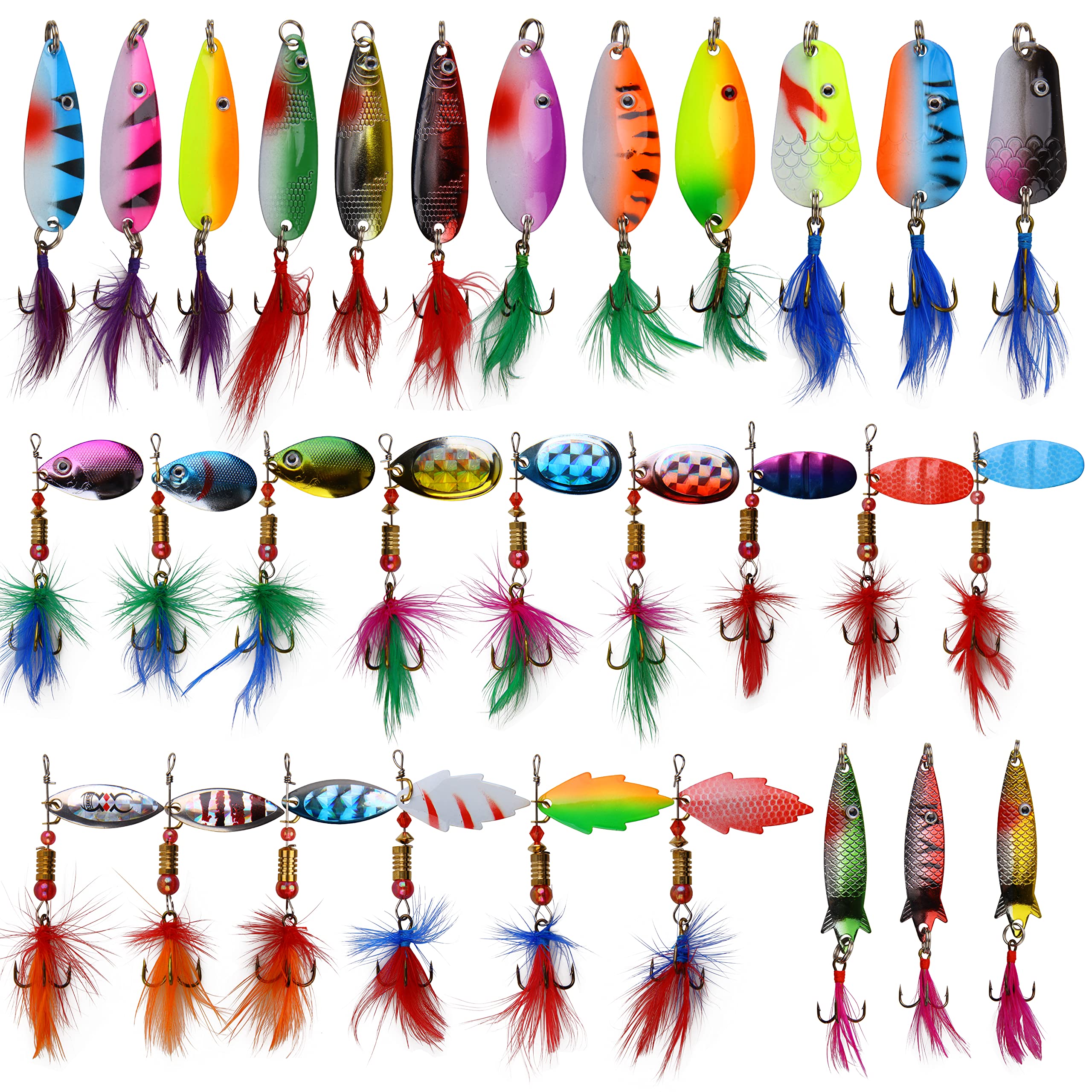 30Pcs Trout Fishing Lures Kit Rooster Tail Spinner Baits Metal Spoon Lures Swimbait Treble Hooks Crankbaits Minnow Variety Kit for Trout Bass Salmon Crappie (30Pcs Feathered Treble Hooks)
