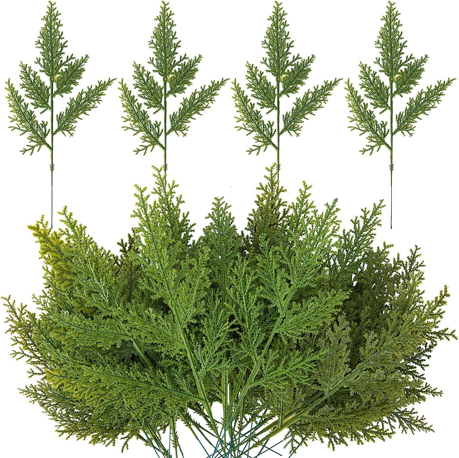 Purple Star 40 PCS Artificial Green Cedar Branches- 12.5Inch Christmas Faux Cypress Pine Stems- Fake Greenery Sprigs Cedar Picks for Vase Wreath Garland Tree DIY Crafts Xmas Indoor Outdoor Home Decor