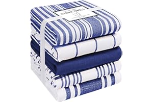 Cotton Clinic Assorted Kitchen Towels 5 Pack – Soft Absorbent Quick Drying Table & Kitchen Linen - Dish Towels, Dish Cloths, Tea Towels and Cleaning Towels with Hanging Loop – 16x28 / Navy White