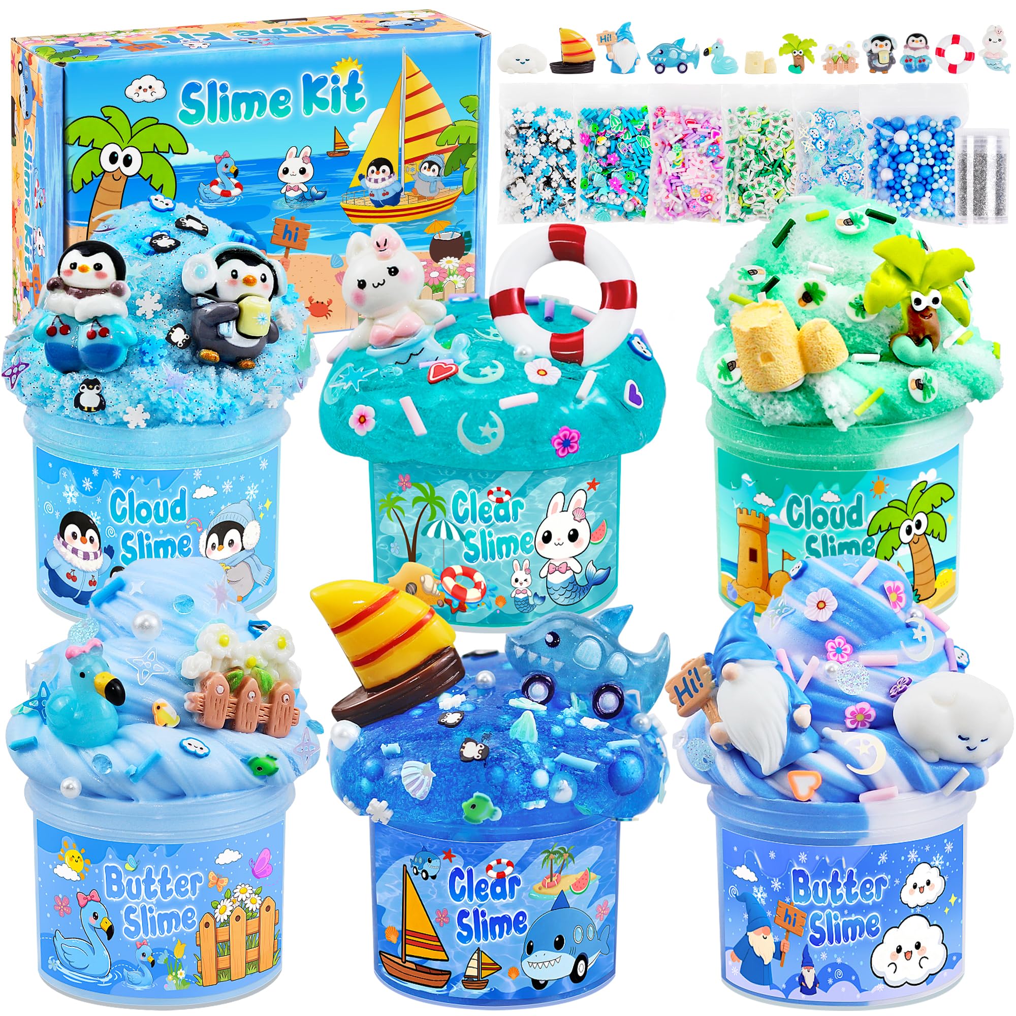 LAWOHO 6 Pack Blue Ocean Slime Kit, Clear Butter Cloud Slime kits for Girls & Boys, Non-Stick Slime for Kids Party Favor with Add-Ins, Birthday Easter Valentines Day Gifts for Kids Slime Making Kit