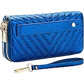 B BRENTANO Vegan Leather Double Zipper Pocket Wallet with Grip Hand Strap (BLUE GLITTER)