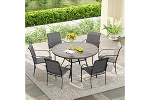 DIFY Outdoor Dining Set for 6, Patio Dining Furniture Set Includes 47.2" Grey Wood-Like Round Table with Adjustable Umbrella Hole and 6 Grey Stackable Metal Chairs for Poolside, Garden, Backyard