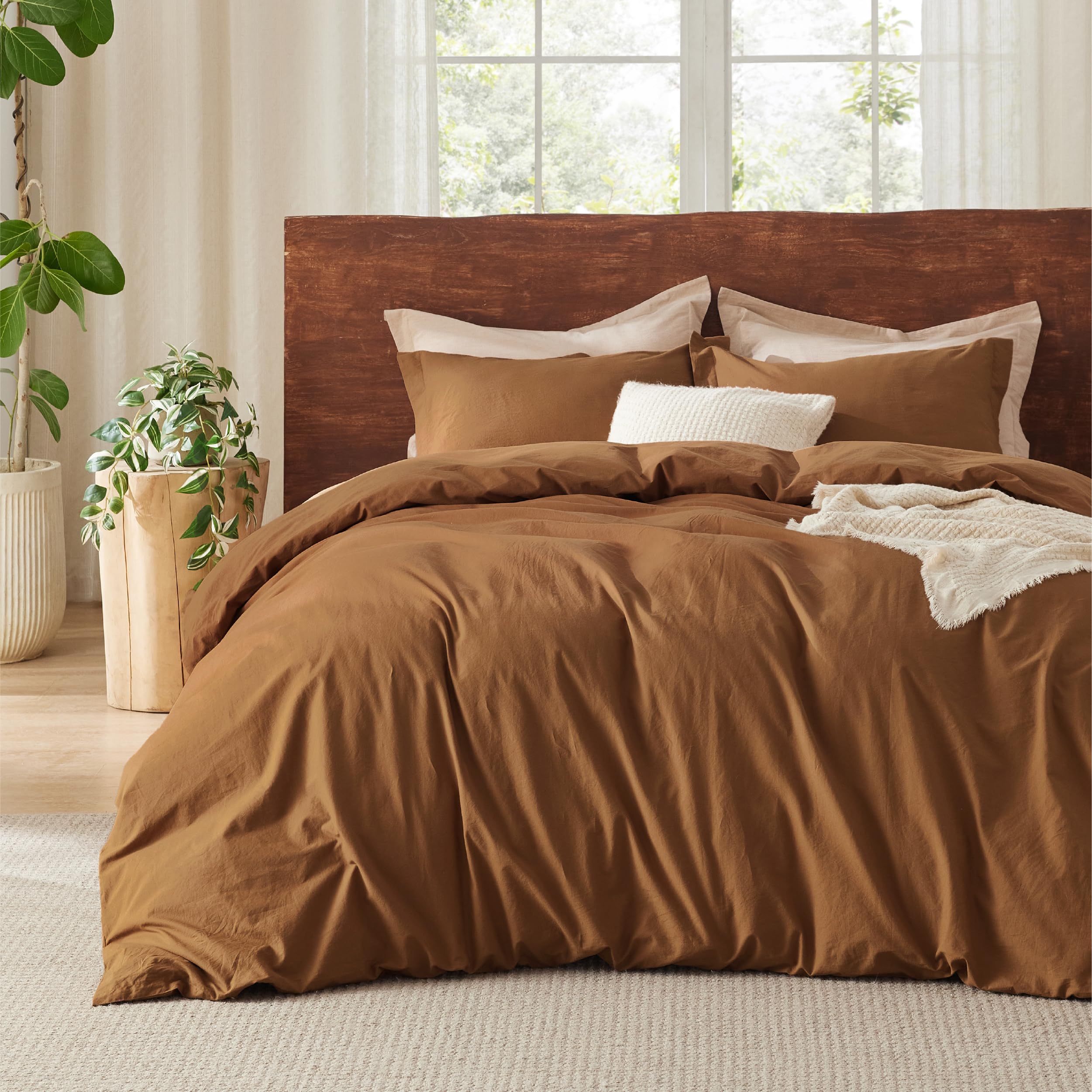 Photo 1 of Bedsure 100% Washed Cotton Duvet Cover Queen Size - Hazelnut Brown Minimalist Cotton Duvet Cover Linen Like Breathable - GentleSoft™ Plain Simple Bedding, 3 Pieces (Hazelnut Brown, Queen, 90"x90")