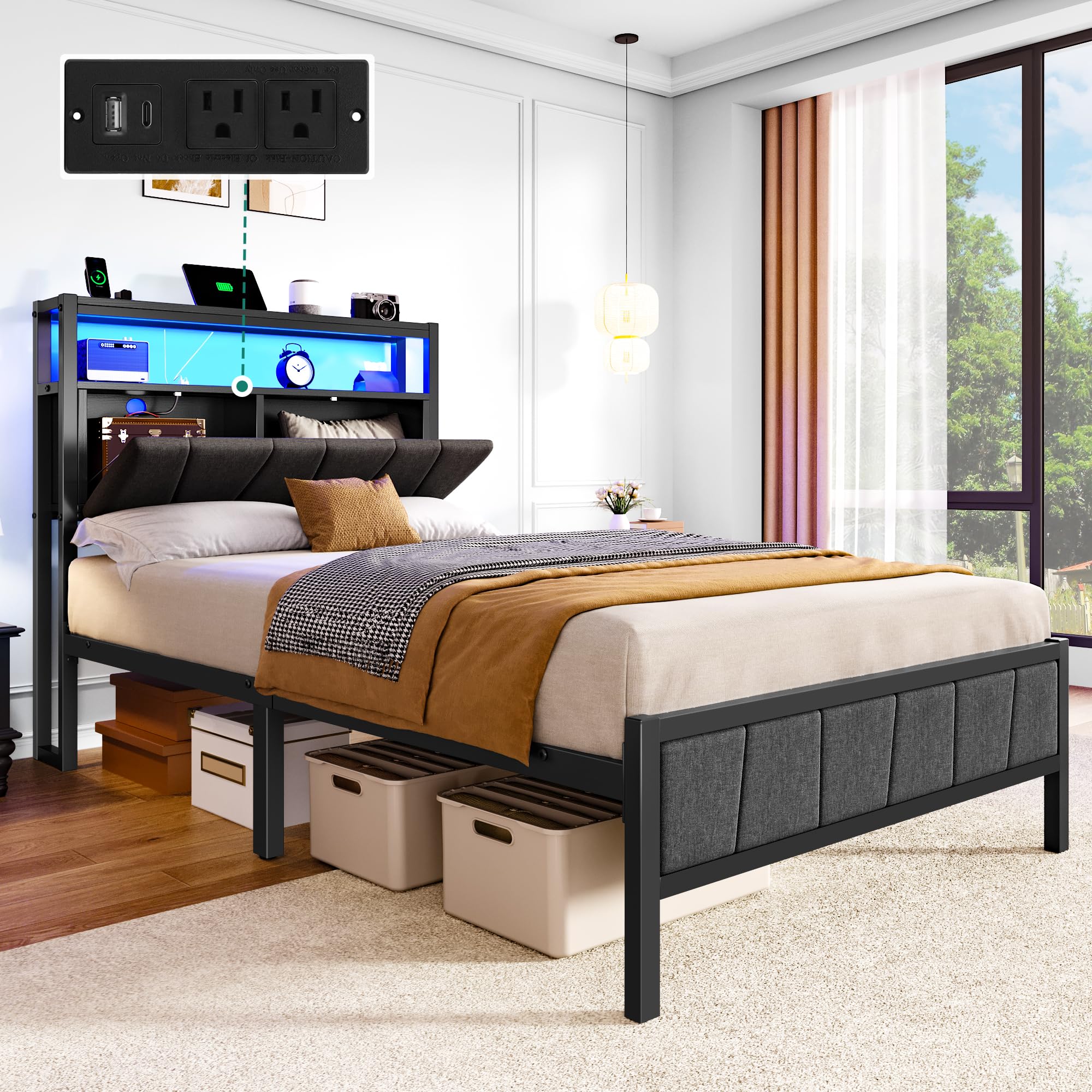 Photo 1 of YITAHOME Twin Bed Frame with Storage Headboard, Upholstered LED Platform Bed with Charging Station, Heavy-Duty Metal Slats, No Box Spring Needed, Fast Assembly - Gray