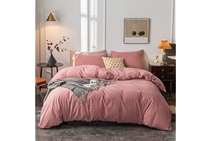 Janlive Washed Cotton Duvet Cover Oueen Ultra Soft 100% Cotton Solid Color Rose Duvet Cover Set with Zipper Closure -3 Pieces Pink Bean Paste Queen