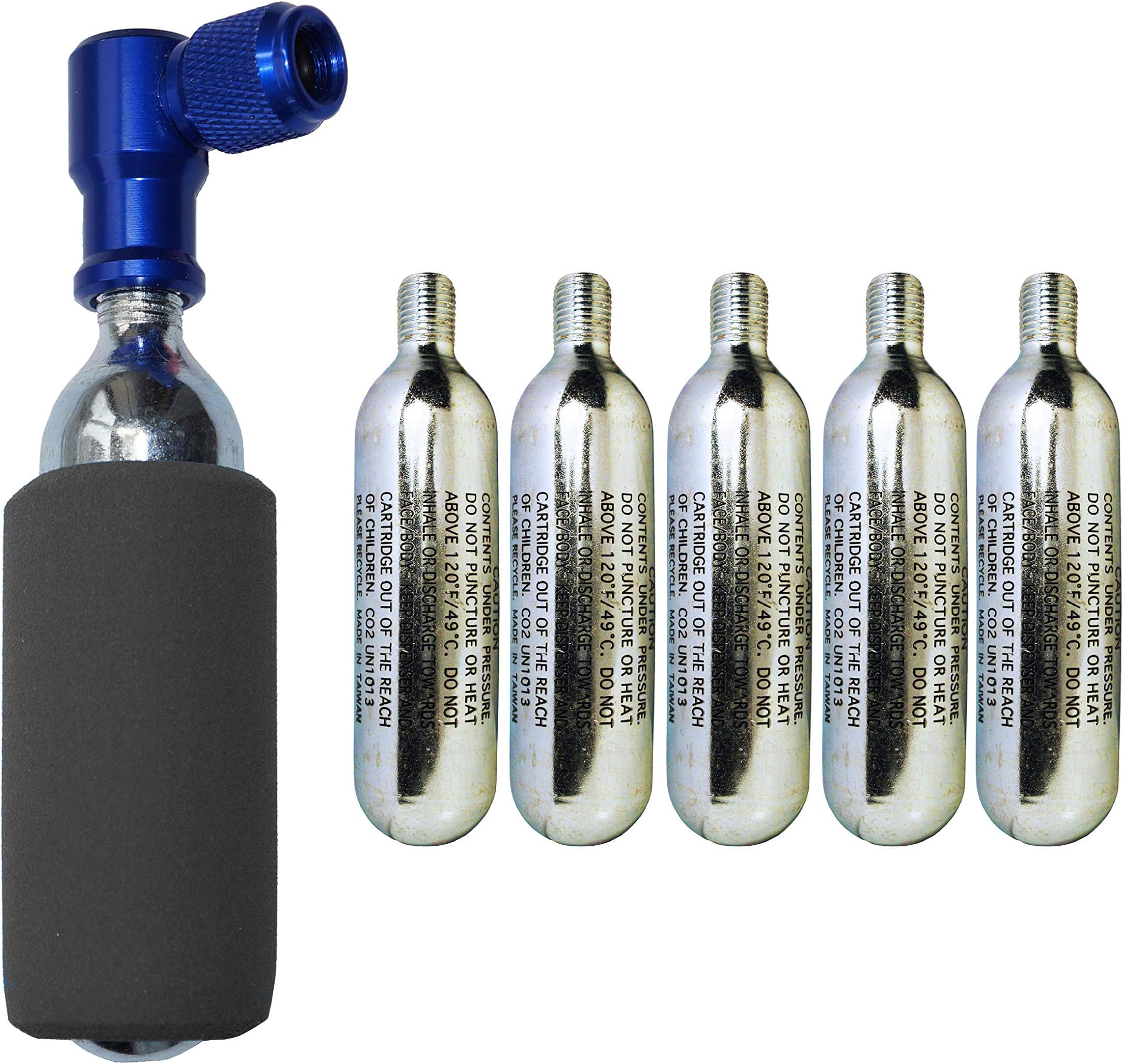 KRONYO CO2 Inflator with 5 x CO2 Cartridges - IN & OUT - Presta & Schrader Valve Compatible - Car Bike Bicycle Motorcycle Scooter, Tyre Pump For Road & Mountain Bikes - Insulated Sleeve