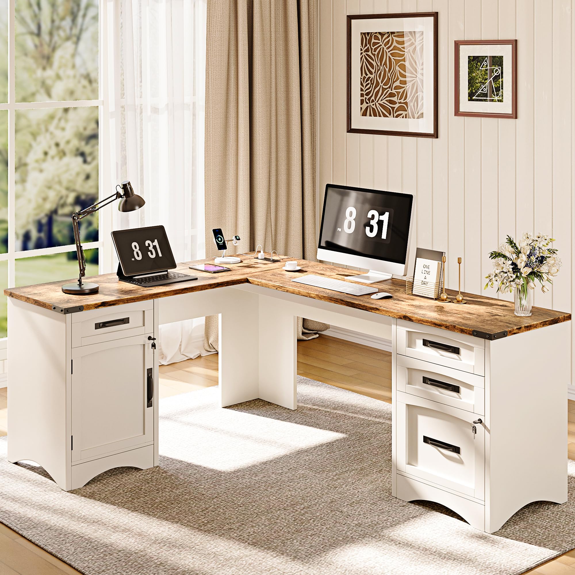 Photo 1 of ***BOX B MISSING BOX "A" -SELLING AS INCOMPLETE PARTS ONLY*** Decofy L Shaped Farmhouse Executive Desk with Drawers, 67" Home Office Desks with Fast Charging Station, Lockable File Cabinet, Wood Writing Computer Desk for Work, Study, White
