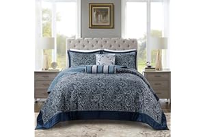 Madison Park Aubrey Reversible Quilted Bedspread Set, Solid Reverse Summer Breathable, Lightweight All Season Bedding Layer, Matching Shams, Bedspread King(120"x118"), Navy 5 Piece