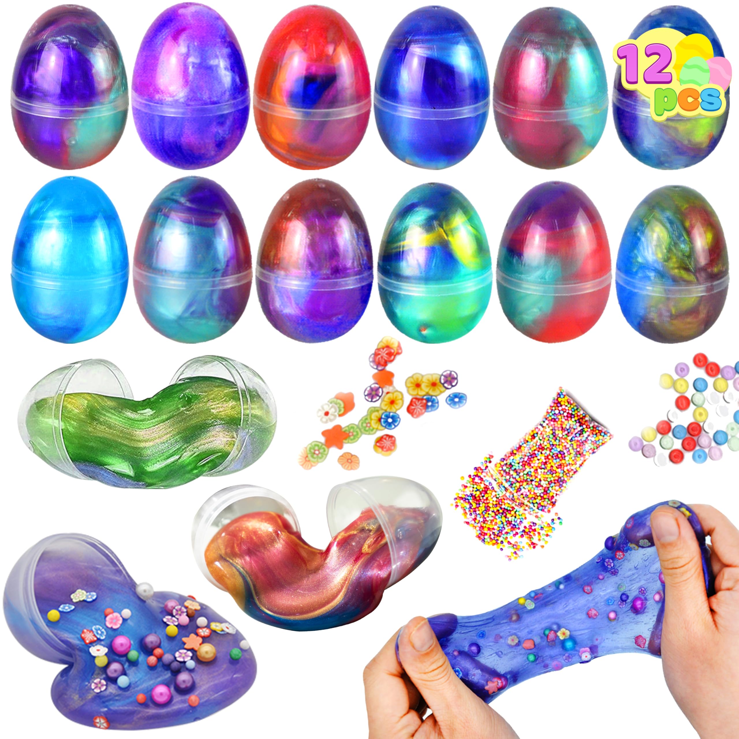 Joyin 12 Pcs Prefilled Easter Eggs with Galaxy Slime, Colorful Putty with Toys, Stress Relief Sludge Toys for Kids Easter Eggs Hunt, Basket Stuffers Filler and Party Favors