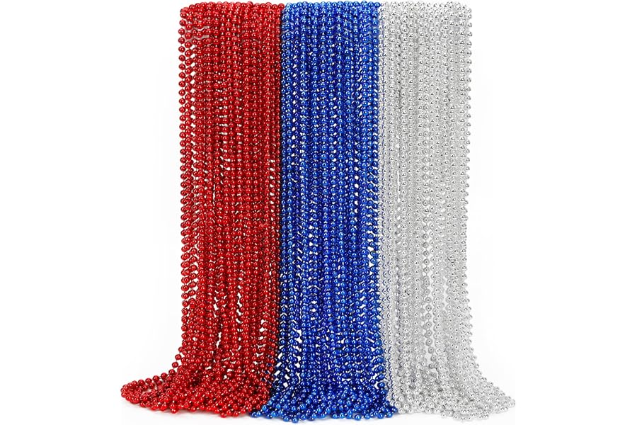 4th of July Party Favors, 12PCS 250th Anniversary Patriotic Necklaces Bulk, Fourth of July Red Blue Silver Beads Necklace, Independence Day Beads Bulk for Parade Party Celebration Favors Decorations