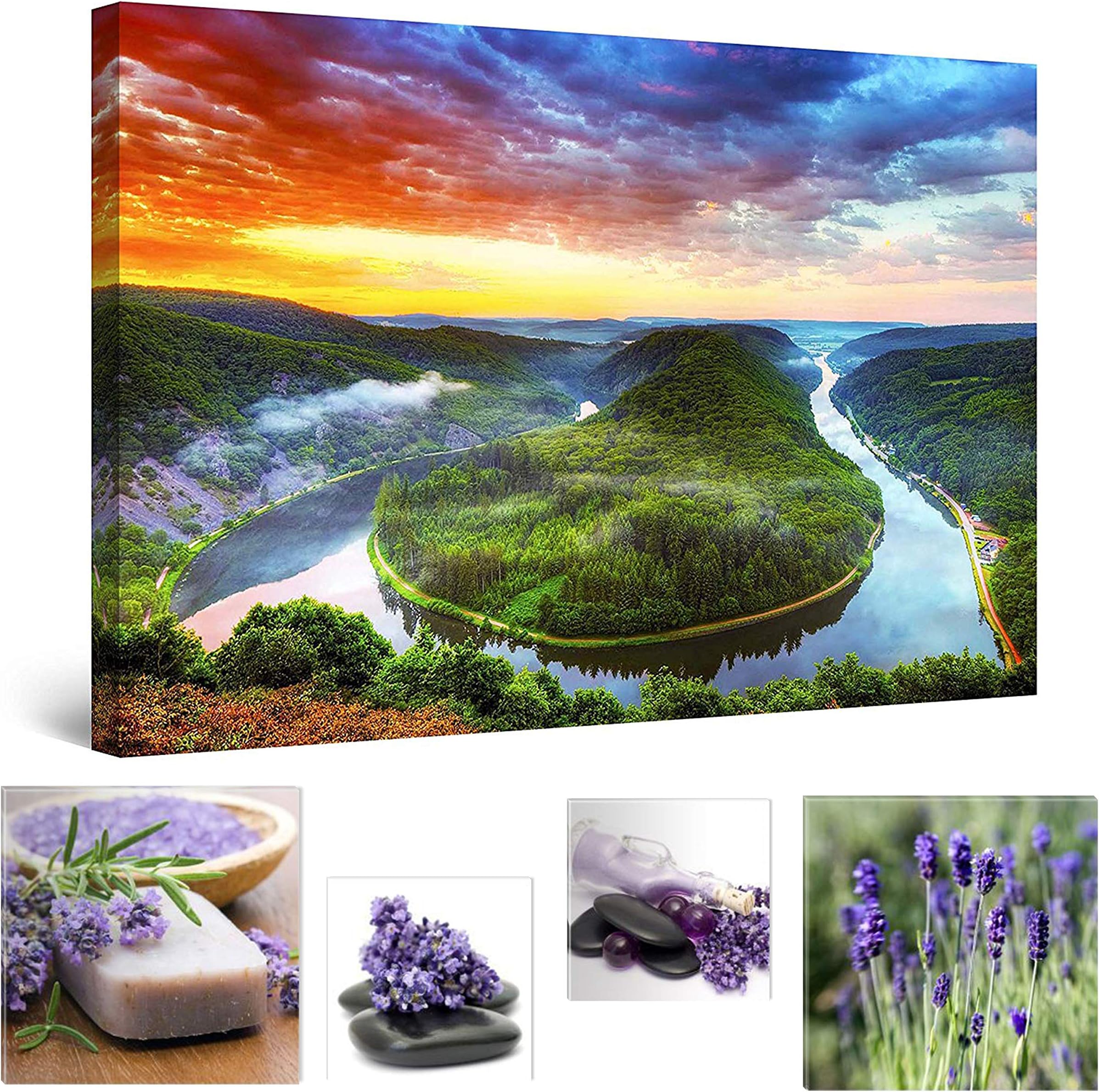 Eco Light Canvas Wall Art Multicolor Sky, Nature 80 x 120 cm for Home Décor and Lovely Bedroom Lavender Collage Set of 4, Dual View Surprise Artwork Modern Framed Ready to Hang Wall Art Painting!