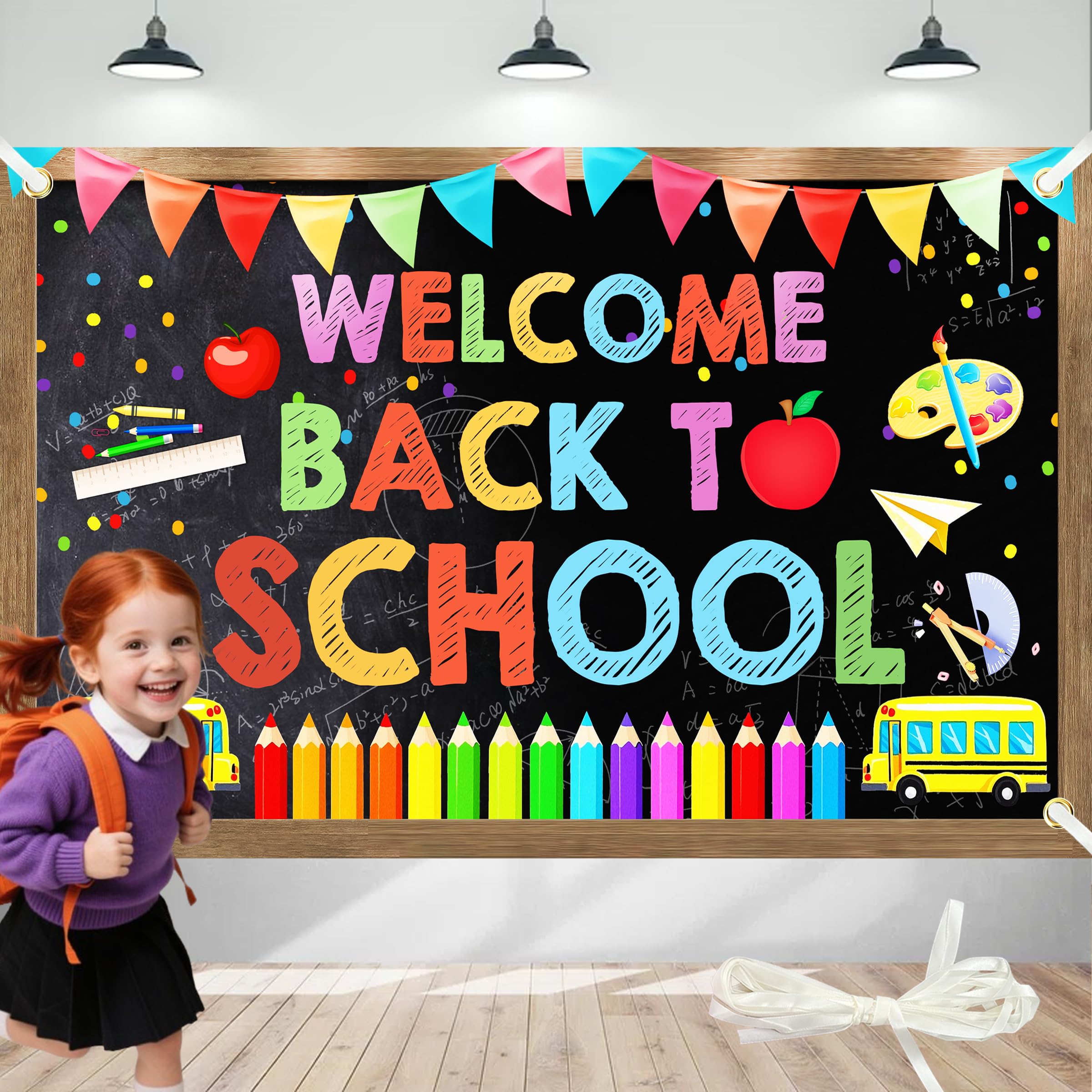 Photo 1 of Back To School Backdrop 72x44 Inch Welcome Back To School Decorations Banner First Day of School Banner with 4 Grommets Classroom Poster Bulletin Board Supplies with 19.68 Ft Rope