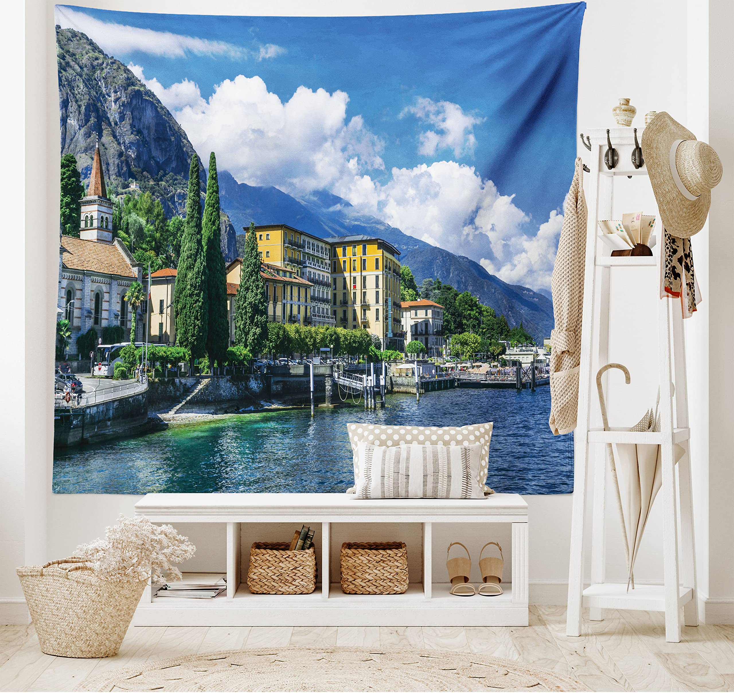 ABAKUHAUS Italy Tapestry, The Panoramic Landscape of Lake Como Mountains and Clouds Digital Image Print, Fabric Wall Hanging Decor for Bedroom Living Room Dorm, 90 W X 54 L, Blue and Green