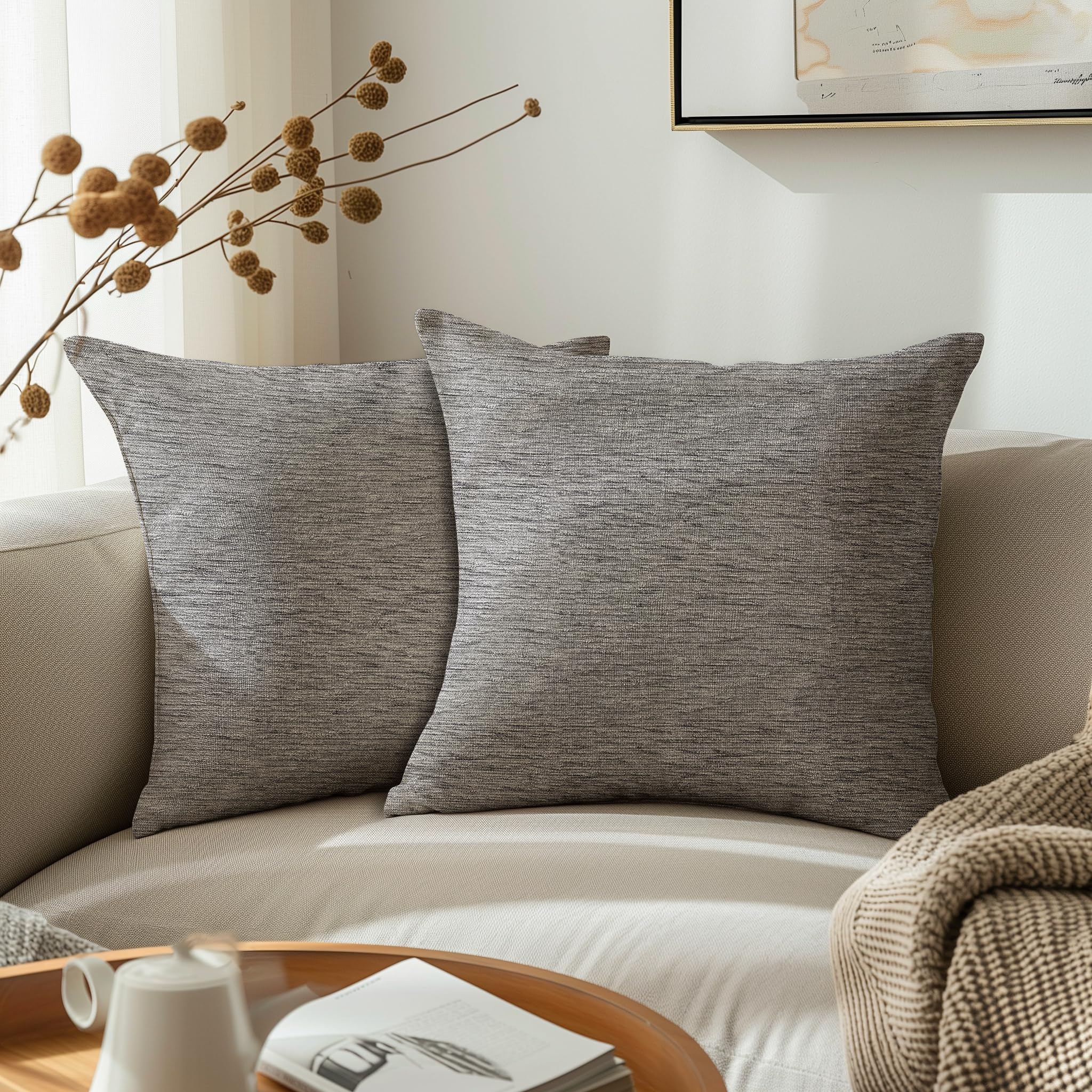 Encasa XO Fine Chenille Throw Pillow Covers 2 pcs Set - Silver- 60x60 cm Textured Solid Colour, Soft & Smooth, Square Accent Decorative Cushion for Couch, Sofa, Chair & Bed