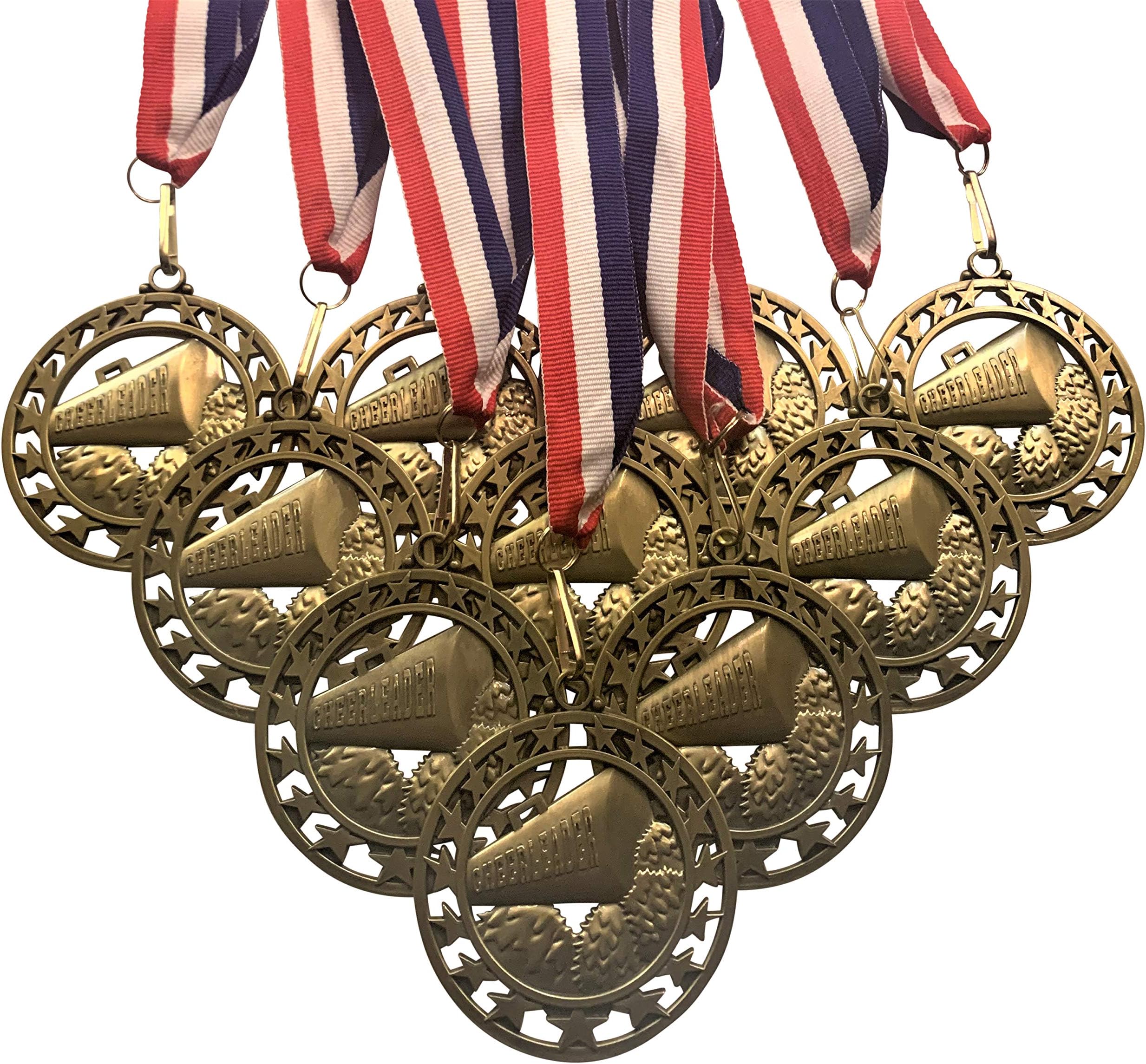 10 Pack of Gold Cheerleading Star Medals Trophy Award with Neck Ribbons