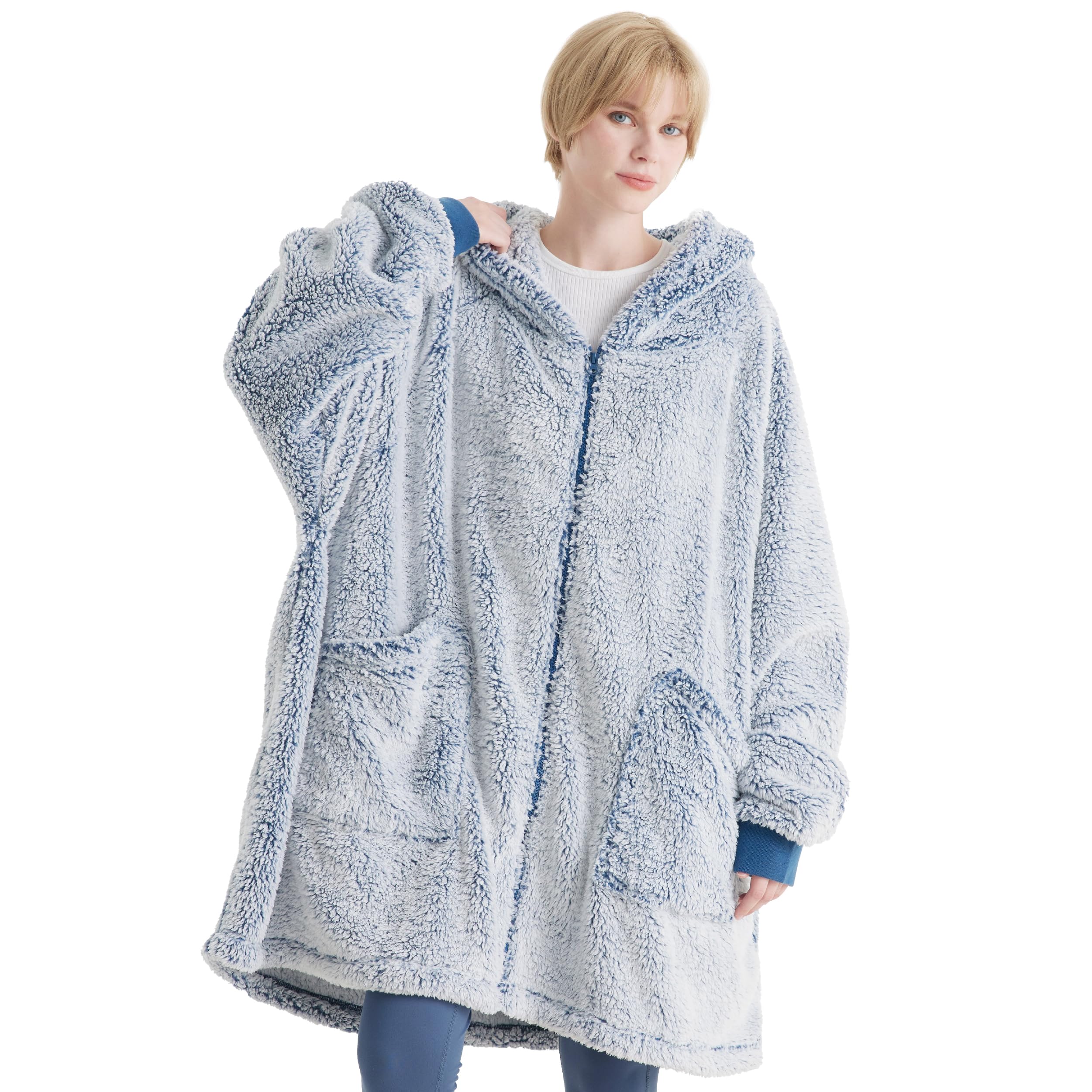 Bedsure Wearable Blanket Hoodie Zip Up - Sherpa Fleece Hoodie Blanket Oversized with Zipper for Women, Gifts for Women Men, Navy Blue, 100x78 cm