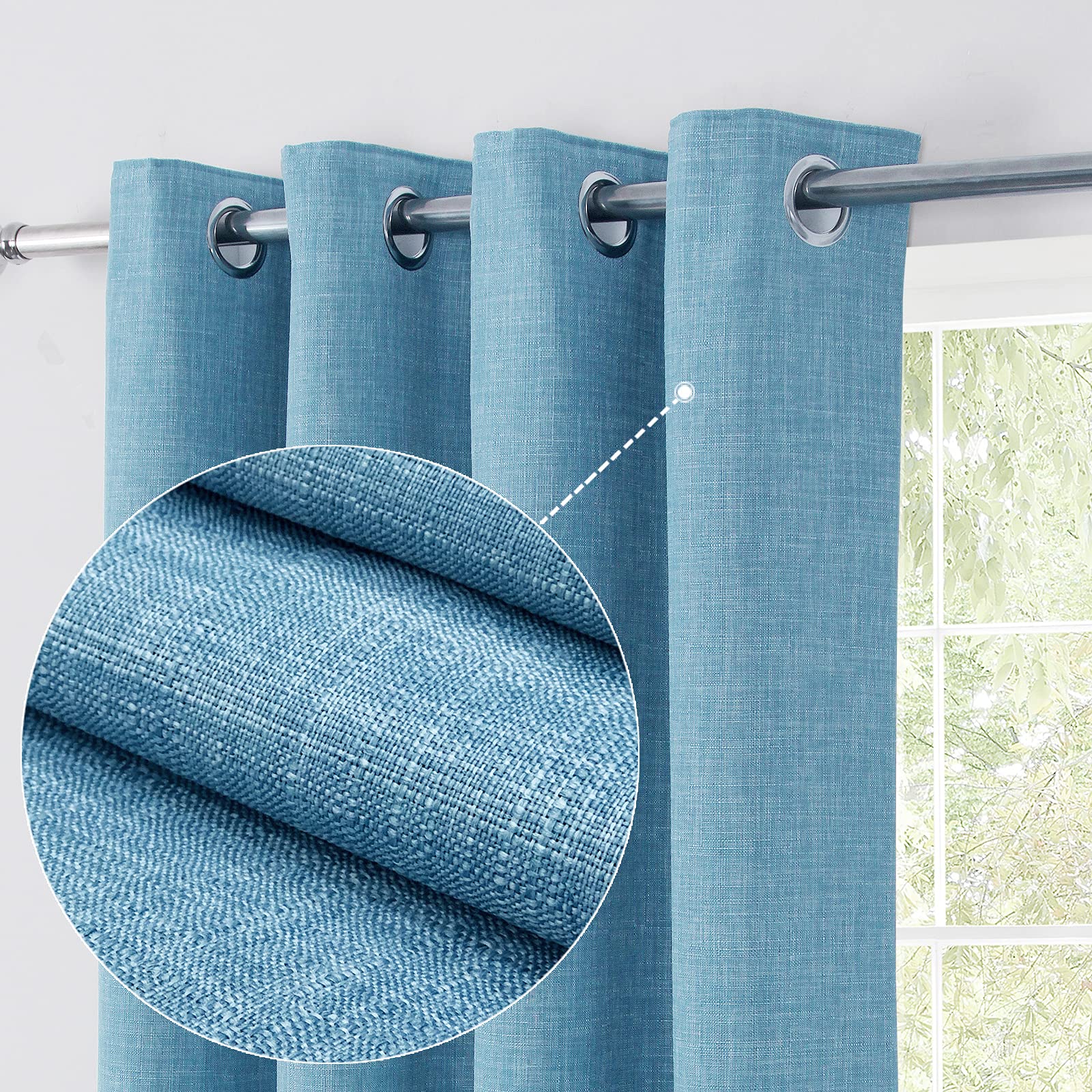 always4u Linen Look 100% Blackout Eyelet Curtains Thermal Energe Saving for Bedroom 1 Pair Noise Reducing Solid Modern Window Treatment for Home Decoration Blue W90*L90