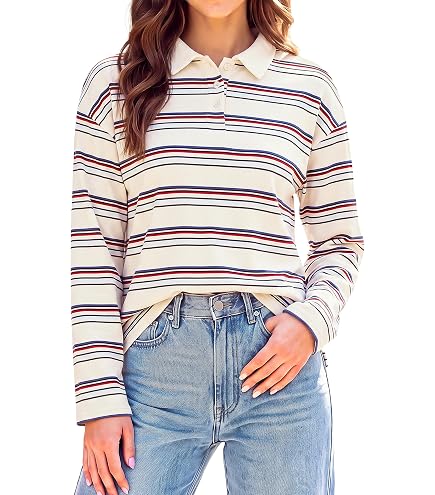 Tankaneo Womens Striped Long Sleeve Polo Shirts Casual Oversized