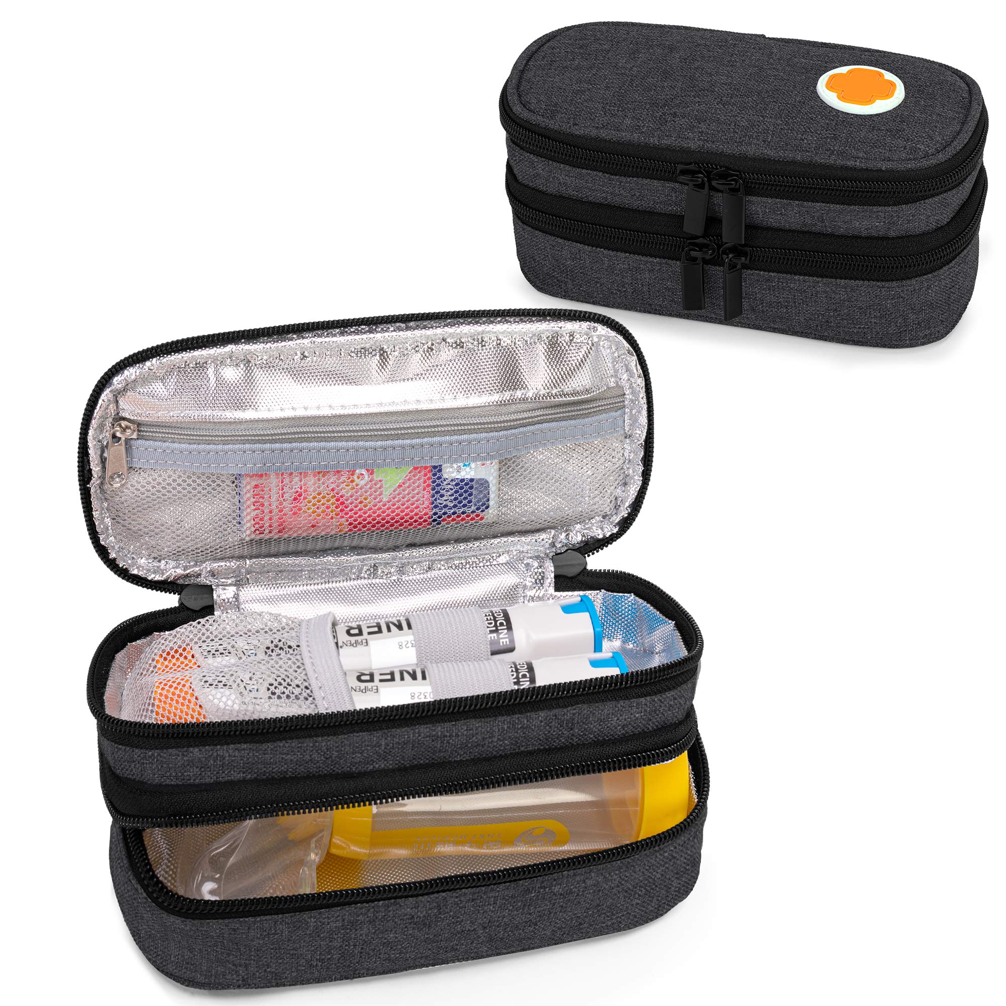 CURMIO Double Layer Insulated EpiPen Carrying Case, Portable Medicine Supplies Bag for 2 EpiPens, Auvi-Q, Syringes, Spacer, Nasal Spray, Home and Travel, Black (Patented Design)