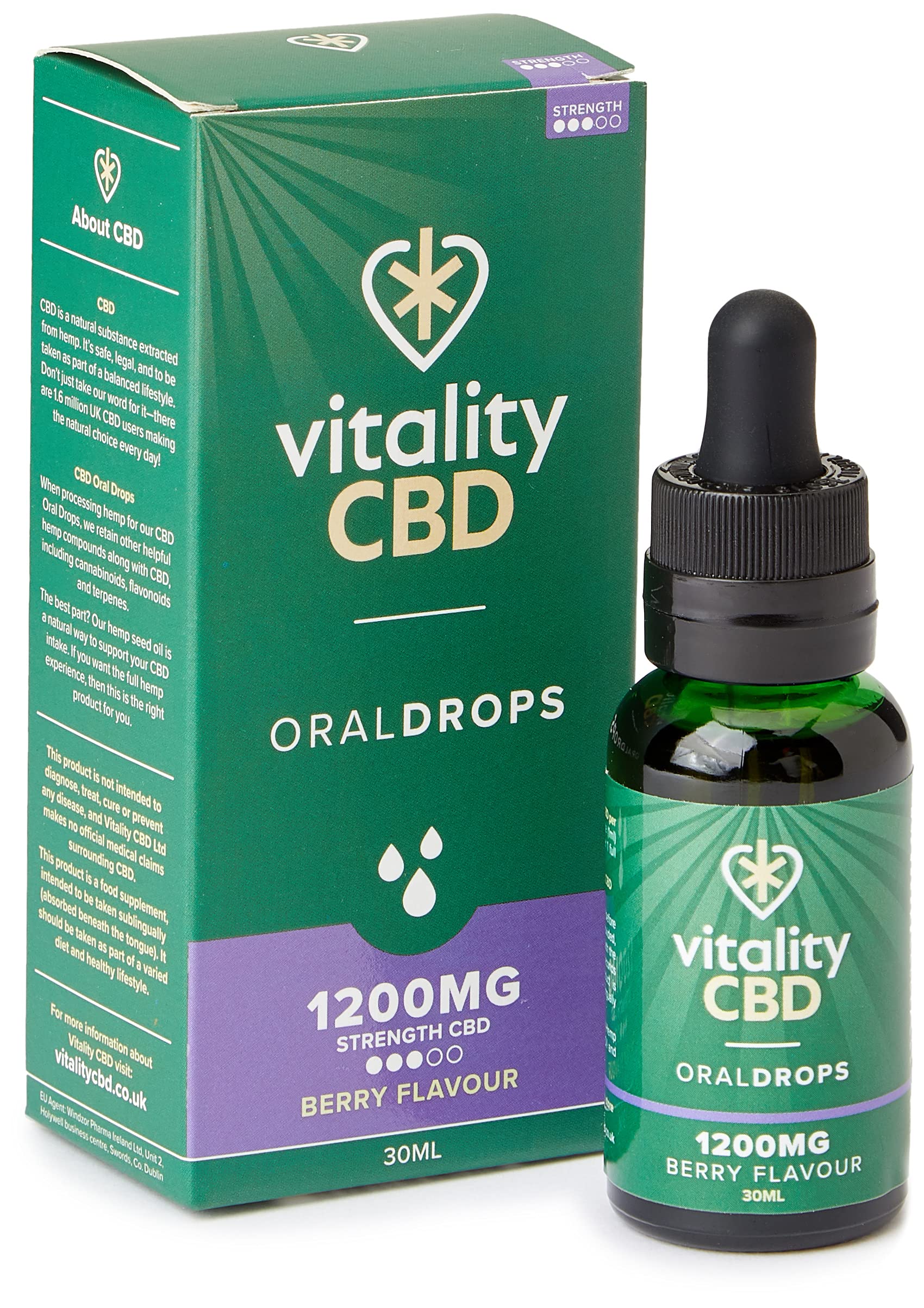 Vitality CBD Oral Drops in hempseed Oil, 1200 mg, Berry, 30ml, NO THC