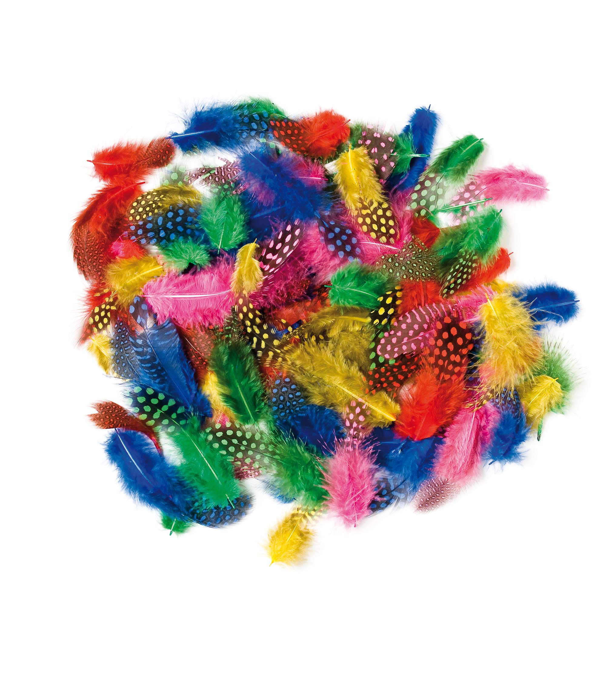 Baker Ross EV1392 Speckled Feathers, Perfect for Children to Decorate Costumes, Hats and Collages, Ideal for School, Home and Craft Group Projects (Pack of 120)
