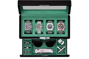 ROTHWELL 4-Slot Piano Black Watch Box with Valet Drawer - Premium Jewelry Display Case Organizer with Locking Glass Top and M
