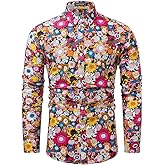TUNEVUSE Men Floral Dress Shirts Long Sleeve Casual Button Down Flower Printed Shirts 100% Cotton