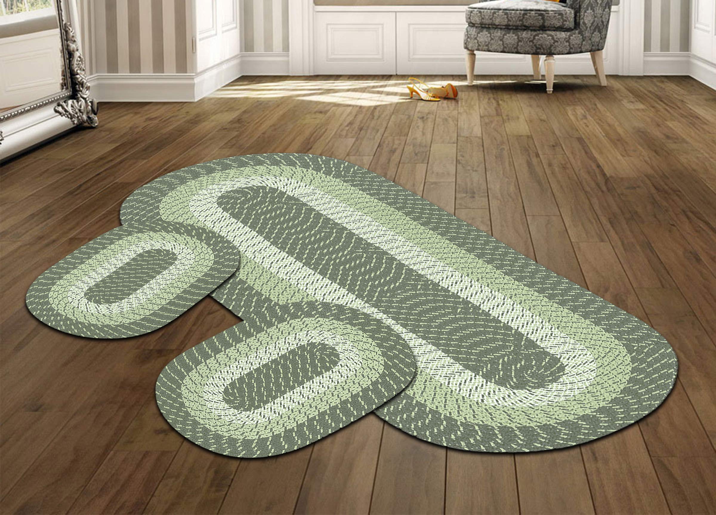 Better Trends Country Braid Collection 3 Piece Set Durable & Stain Resistant Reversible Indoor Oval Area Rug 100% Polypropylene in Vibrant Colors, 20"x30"/20"x30"/24"x72", Sage Stripe