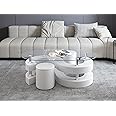 Binrrio 3 Pcs Glass Coffee Table Set, Modern 10mm/0.39" Thick Oval Tempered Glass Table with S-Shape Base and 2 Upholstered Leather Stools for Home Office Living Room Bedroom (White)