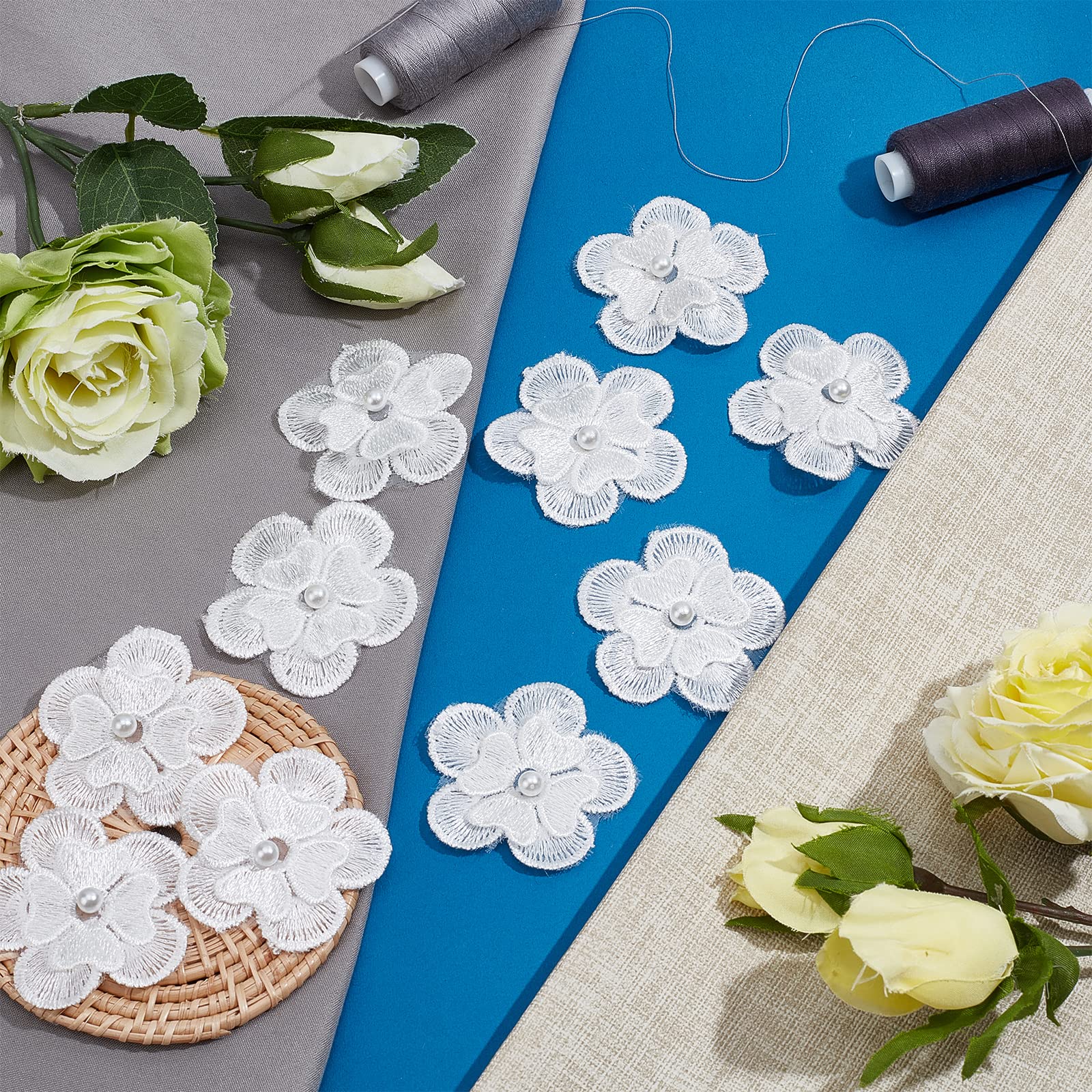 GORGECRAFT 20Pcs White Embroidery Flowers Sew On Patches 3D 2 Layers 5-Petal Lace Flower with Imitation Pearl Lace Embroidered Appliques for Wedding Bridal Dress Embellishment DIY Sewing Crafts