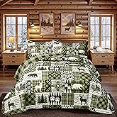 3 Piece Cabin Full/Queen Quilt Sets Farmhouse Rustic Reversible Microfiber Soft Lightweight Bedspread Comforter with 2 Shams Patchwork Country Lodge Bedding Quilts Set for All Season, 90''x96'', Green